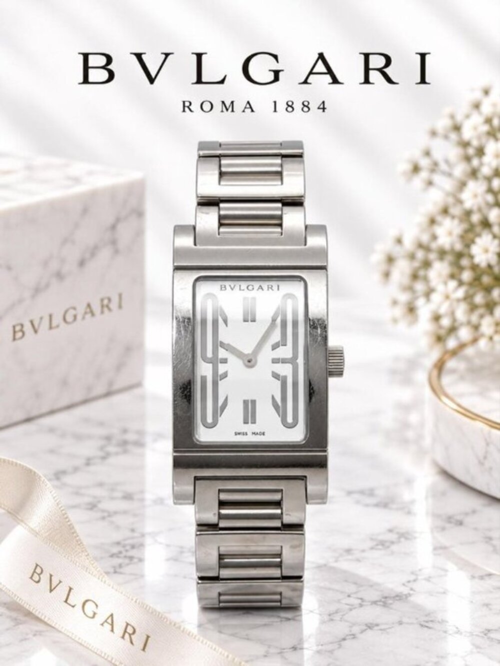 Authentic BVLGARI Rettangolo Silver Dial Stainless Steel Luxury Watch